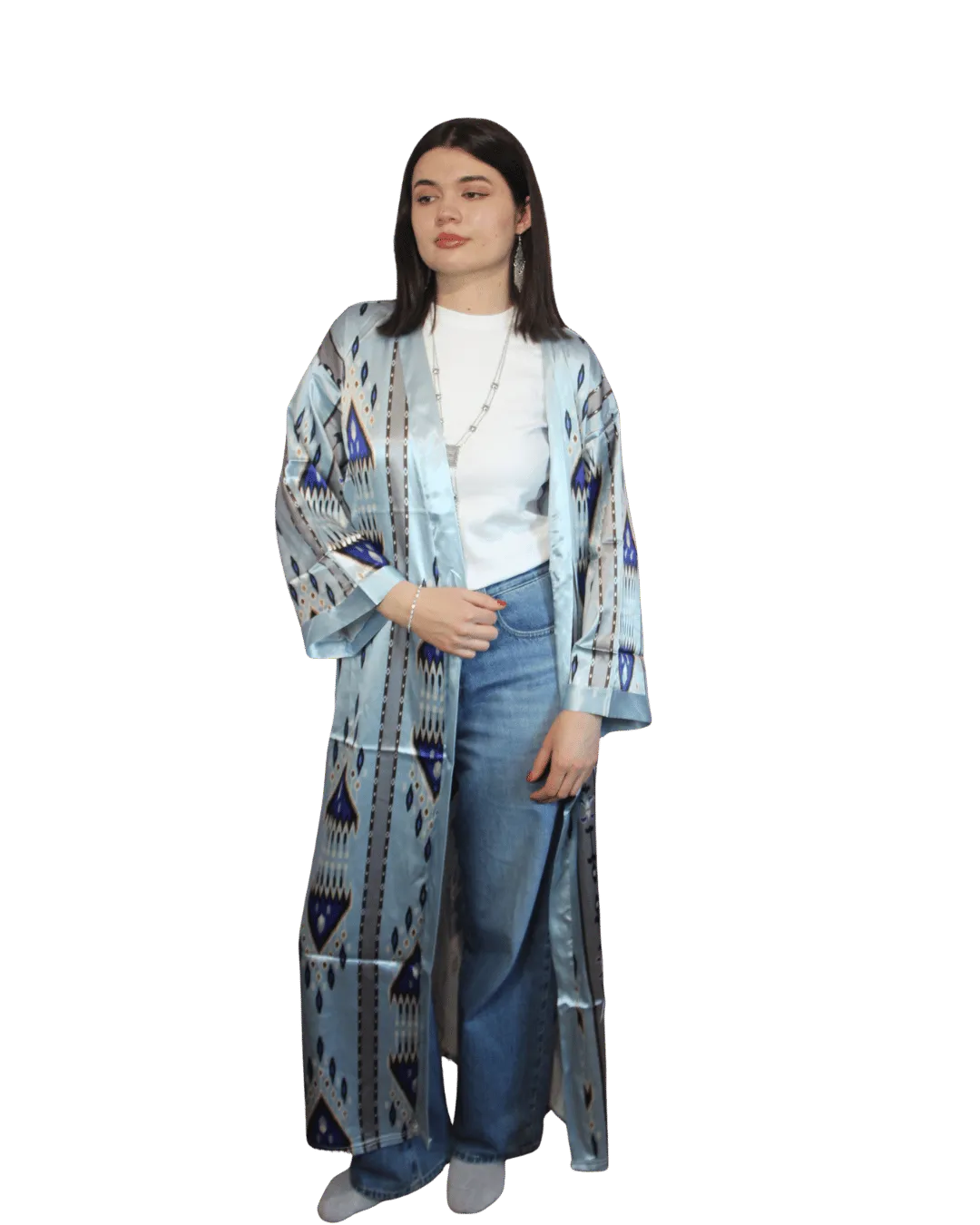 Abaya damska ANORA - Lodowy Ikat, jedwabna, ręcznie szyta, przód