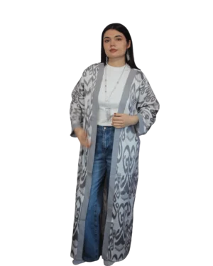 Abaya damska ANORA - Popielaty Ikat, jedwabna, ręcznie szyta, przód