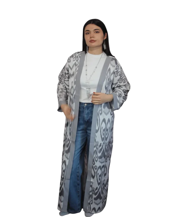 Abaya damska ANORA - Popielaty Ikat, jedwabna, ręcznie szyta, przód