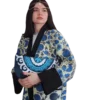 Kurtka tadżycka / Tajik jacket - Joma Maxi Błękitny Ikat ANORA - ręcznie szyta kurtka kimono, błękitny wzór ikat z motywem granatu