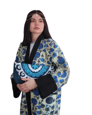 Kurtka tadżycka / Tajik jacket - Joma Maxi Błękitny Ikat ANORA - ręcznie szyta kurtka kimono, błękitny wzór ikat z motywem granatu