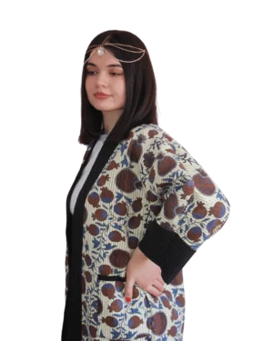Kurtka tadżycka / Tajik jacket - Joma Maxi Brązowy Ikat ANORA - ręcznie szyta kurtka kimono, kremowo-brązowy wzór ikat z motywem granatu