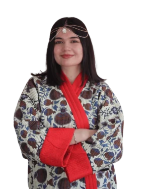Kurtka tadżycka / Tajik jacket - Joma Maxi Brązowy Ikat ANORA - ręcznie szyta kurtka kimono, kremowo-brązowy wzór ikat z motywem granatu