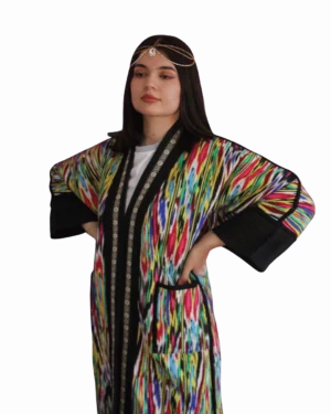 Kurtka tadżycka / Tajik jacket - Joma Maxi Karnawałowy Ikat ANORA - ręcznie szyta kurtka kimono, wielobarwny wzór w stylu konfetti
