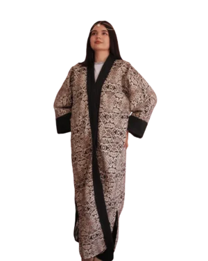 Kurtka tadżycka / Tajik jacket - Joma Maxi Mozaikowy Ikat ANORA - ręcznie szyta kurtka kimono, kremowo-brązowy wzór mozaikowy