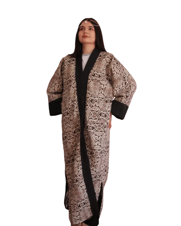 joma-maxi-mozaikowy-ikat-przod-1 Kurtka tadżycka / Tajik jacket - Joma Maxi Mozaikowy Ikat ANORA - ręcznie szyta kurtka kimono, kremowo-brązowy wzór mozaikowy