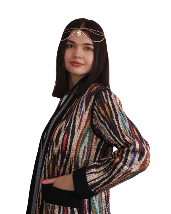 joma-maxi-paskowy-ikat-przod-1 Kurtka tadżycka / Tajik jacket - Joma Maxi Paskowy Ikat ANORA - ręcznie szyta kurtka kimono, wielobarwny wzór w pasy