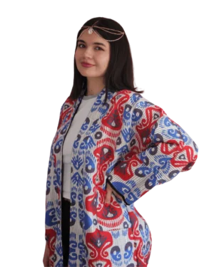 Kurtka tadżycka / Tajik jacket - Joma Maxi Szafirowy Ikat ANORA - ręcznie szyta kurtka kimono, czerwono-niebieski wzór ikat