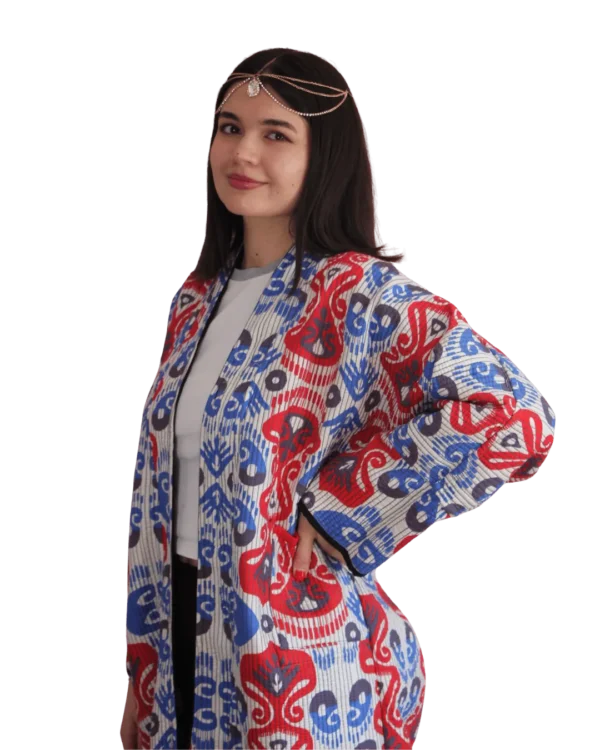 Kurtka tadżycka / Tajik jacket - Joma Maxi Szafirowy Ikat ANORA - ręcznie szyta kurtka kimono, czerwono-niebieski wzór ikat