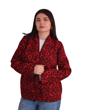 Kurtka tadżycka / Tajik jacket - Joma Midi Karmazynowy Ikat ANORA - ręcznie tkana kurtka kimono, czerwono-czarny wzór ikat