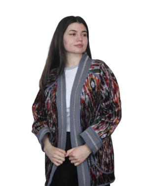 Kurtka tadżycka / Tajik jacket - Joma Midi Malowany Ikat ANORA - ręcznie tkana kurtka kimono, czerwono-czarno-zielony wzór ikat
