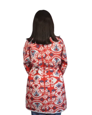 Joma Midi Rubinowy Ikat ANORA - ręcznie tkana kurtka kimono, czerwono-granatowy wzór ikat