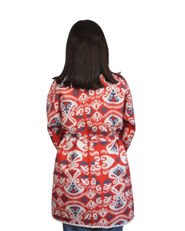 Joma Midi Rubinowy Ikat ANORA - ręcznie tkana kurtka kimono, czerwono-granatowy wzór ikat