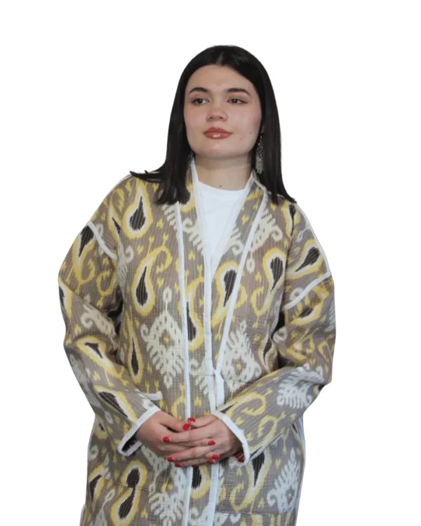 Joma Midi Rubinowy Ikat ANORA - druga strona, brązowo-żółty wzór