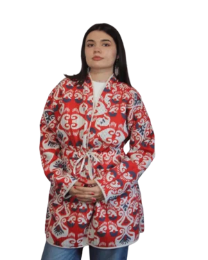 Kurtka tadżycka / Tajik jacket - Joma Midi Szkarłatny Ikat ANORA - ręcznie tkana kurtka kimono, czerwony wzór ikat