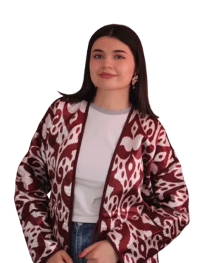 Kurtka tadżycka / Tajik jacket - Joma Mini Bordowy Ikat ANORA - ręcznie szyta kurtka kimono, bordowo-kremowy ornamentalny wzór ikat
