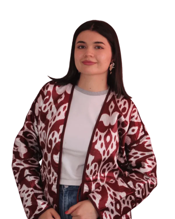 joma-mini-bordowy-ikat-przod-1 Kurtka tadżycka / Tajik jacket - Joma Mini Bordowy Ikat ANORA - ręcznie szyta kurtka kimono, bordowo-kremowy ornamentalny wzór ikat