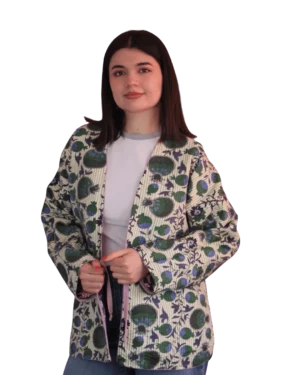 Kurtka tadżycka / Tajik jacket - Joma Mini Ogrodowy Ikat ANORA - ręcznie szyta kurtka kimono, kremowo-zielony wzór ikat z motywem granatu