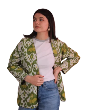 Kurtka tadżycka / Tajik jacket - Joma Mini Oliwkowy Ikat ANORA - ręcznie szyta kurtka kimono, oliwkowo-musztardowy wzór ikat