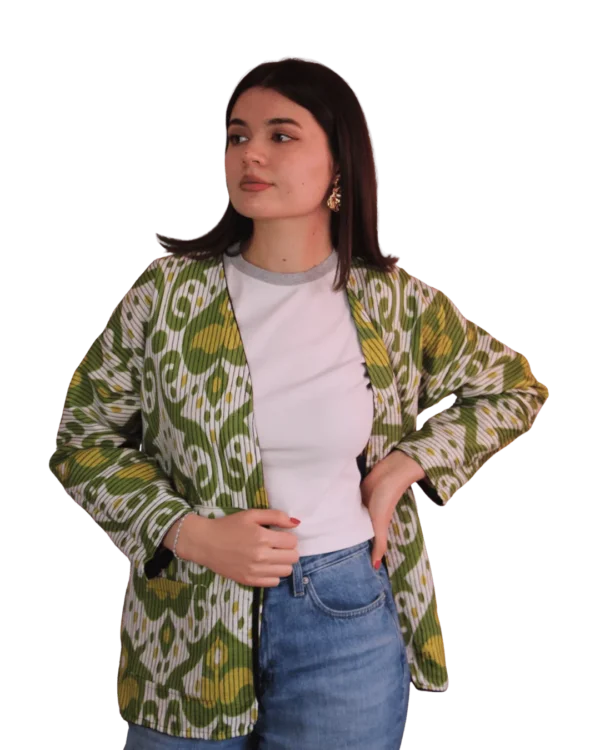 Kurtka tadżycka / Tajik jacket - Joma Mini Oliwkowy Ikat ANORA - ręcznie szyta kurtka kimono, oliwkowo-musztardowy wzór ikat