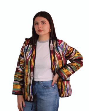 Kurtka tadżycka / Tajik jacket - Joma Mini Tęczowy Ikat ANORA - ręcznie szyta kurtka kimono, wielobarwny wzór ikat w pasy