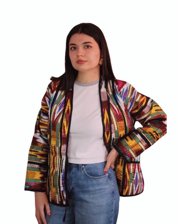 joma-mini-teczowy-ikat-przod-1 Kurtka tadżycka / Tajik jacket - Joma Mini Tęczowy Ikat ANORA - ręcznie szyta kurtka kimono, wielobarwny wzór ikat w pasy