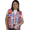 Kamizelka ikat Rubinowa Geometria - ręcznie szyta, przednia, czerwono-błękitna strona