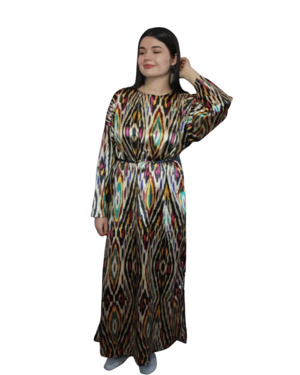 Sukienka ikat ANORA - Klejnotowy Ikat, atlas, przód