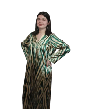 Sukienka ikat ANORA - Szmaragdowy Ikat, atlas, ręcznie szyta, przód