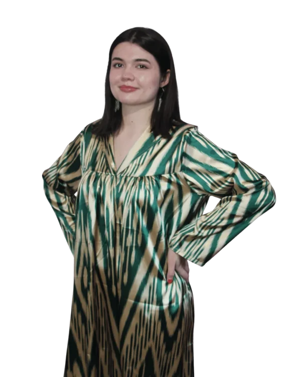 Sukienka ikat ANORA - Szmaragdowy Ikat, atlas, widok z bliska